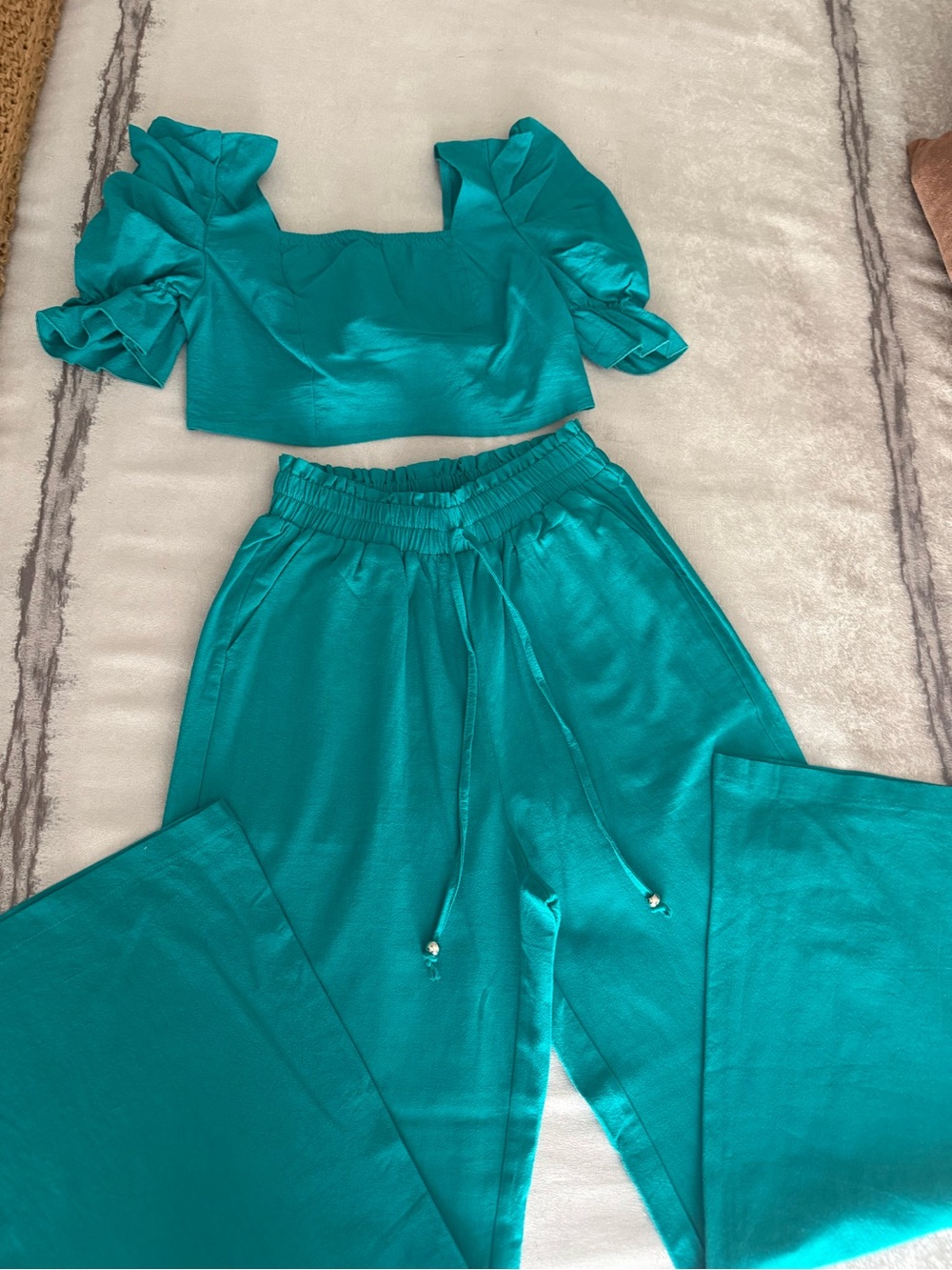 Teal Wide-Leg Jogger Pants and Cropped Top Set- Women's Teal Pants